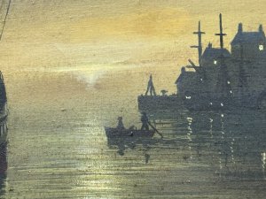 Moonlit Masted Galleon Ship In Harbour Scene Oil Painting Signed Framed. Circa - 192. Composition - Oil On Canvas. Listing Description. Richly Painted Moonlit Harbour Scene With Wooden Vessels And Townscape. Large Three Masted Galleon Takes Pride Of Place In Artwork Docked Next To Tree Line ,Figures Sail In Row Boat Towards Land Where You can See Lights From Houses In Distance. Stunning Detailed Oil Painting , Competent Use Of Light And Shadow by Accomplished Artist. Set In Gilt Wood Frame. Signed by Artist Adams. Dimensions In Cms. Height 38.5cm X Width 60cm. For Further Information Please Call The Museum Curator on 07707 488566 Thank-you.