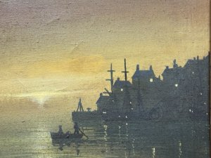 Moonlit Masted Galleon Ship In Harbour Scene Oil Painting Signed Framed. Circa - 192. Composition - Oil On Canvas. Listing Description. Richly Painted Moonlit Harbour Scene With Wooden Vessels And Townscape. Large Three Masted Galleon Takes Pride Of Place In Artwork Docked Next To Tree Line ,Figures Sail In Row Boat Towards Land Where You can See Lights From Houses In Distance. Stunning Detailed Oil Painting , Competent Use Of Light And Shadow by Accomplished Artist. Set In Gilt Wood Frame. Signed by Artist Adams. Dimensions In Cms. Height 38.5cm X Width 60cm. For Further Information Please Call The Museum Curator on 07707 488566 Thank-you.