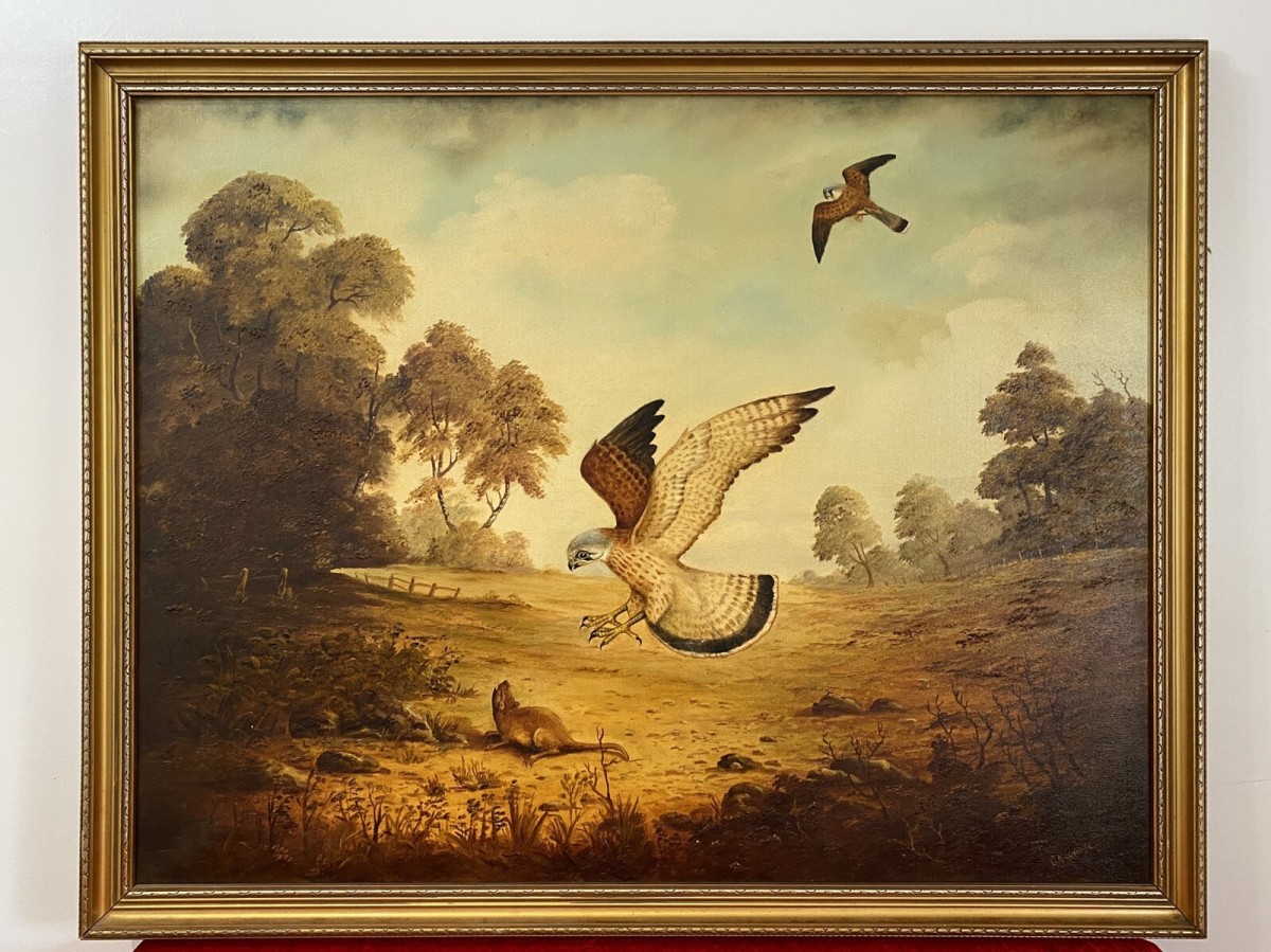 Primary image for Original Oil Painting Of Hunting Birds Of Prey Signed By Artist G Millhouse