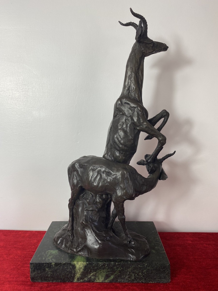 Fine Bronze Centrepiece Sculpture Of Gazelle & Impala On Marble Plinth Signed
