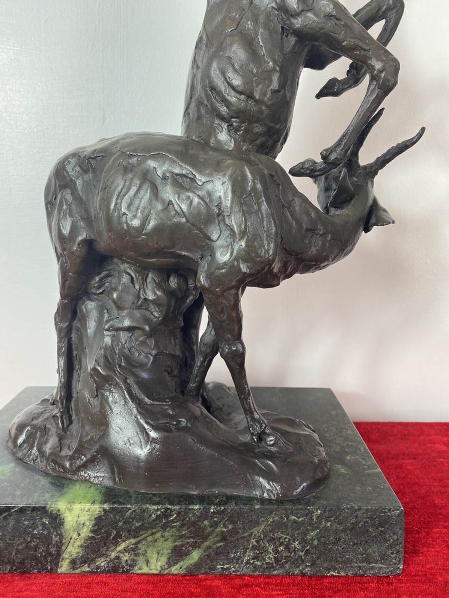 Fine Bronze Centrepiece Sculpture Of Gazelle & Impala On Marble Plinth Signed