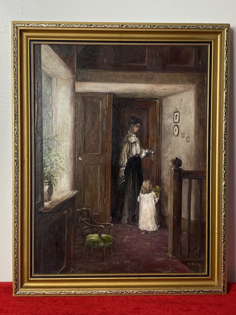 Primary image for Victorian Oil Painting Of Mother And Daughter In Interior Scene Signed C Willis