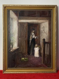 Oil painting on canvas by Charles Willis (1878–1963), circa 1920, signed C Willis. The scene depicts a Victorian mother holding a storybook as she opens a door for her young daughter at bedtime. The girl looks up at her mother while holding a yellow teddy bear. Viewed from the top of a staircase, the interior features decorative panelled walls, a deep red floral carpet and cameos hanging on the wall. A large window illuminates the landing, with a decorative pot of garden flowers completing the setting. Willis was a portrait painter and commercial artist who later painted conversation pieces; his royal portraits appeared in commemorative magazines and newspapers during the 1930s. Dimensions: 19.5 inches high × 15.5 inches wide.