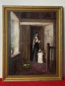 Oil painting on canvas by Charles Willis (1878–1963), circa 1920, signed C Willis. The scene depicts a Victorian mother holding a storybook as she opens a door for her young daughter at bedtime. The girl looks up at her mother while holding a yellow teddy bear. Viewed from the top of a staircase, the interior features decorative panelled walls, a deep red floral carpet and cameos hanging on the wall. A large window illuminates the landing, with a decorative pot of garden flowers completing the setting. Willis was a portrait painter and commercial artist who later painted conversation pieces; his royal portraits appeared in commemorative magazines and newspapers during the 1930s. Dimensions: 19.5 inches high × 15.5 inches wide.