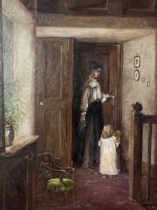 Oil painting on canvas by Charles Willis (1878–1963), circa 1920, signed C Willis. The scene depicts a Victorian mother holding a storybook as she opens a door for her young daughter at bedtime. The girl looks up at her mother while holding a yellow teddy bear. Viewed from the top of a staircase, the interior features decorative panelled walls, a deep red floral carpet and cameos hanging on the wall. A large window illuminates the landing, with a decorative pot of garden flowers completing the setting. Willis was a portrait painter and commercial artist who later painted conversation pieces; his royal portraits appeared in commemorative magazines and newspapers during the 1930s. Dimensions: 19.5 inches high × 15.5 inches wide.