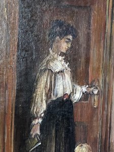 Oil painting on canvas by Charles Willis (1878–1963), circa 1920, signed C Willis. The scene depicts a Victorian mother holding a storybook as she opens a door for her young daughter at bedtime. The girl looks up at her mother while holding a yellow teddy bear. Viewed from the top of a staircase, the interior features decorative panelled walls, a deep red floral carpet and cameos hanging on the wall. A large window illuminates the landing, with a decorative pot of garden flowers completing the setting. Willis was a portrait painter and commercial artist who later painted conversation pieces; his royal portraits appeared in commemorative magazines and newspapers during the 1930s. Dimensions: 19.5 inches high × 15.5 inches wide.