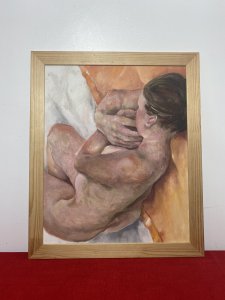 Contemporary nude study in oil on board by Claude Michael Jenkins, presented in a pine frame. The composition depicts a reclining brunette model with her hair tied back and her hands crossed against her face. Carefully rendered hands and a slightly contorted pose are complemented by peach and varied flesh tones, with a white blanket providing contrast. According to the supplied exhibition history, the painting appeared in the artist’s Naked Form exhibition, held from May to July 2010 in the Howgill Gallery at Farfield Mill Arts and Heritage Centre. Born in London, Jenkins was educated in England, Scotland and Germany, taught in Oxford, Canada and Scotland, and lived and worked in the Lake District from 1972. He retired in 1996 and died in 2011. Dimensions: 22.5 inches high × 18.25 inches wide.