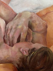 Contemporary nude study in oil on board by Claude Michael Jenkins, presented in a pine frame. The composition depicts a reclining brunette model with her hair tied back and her hands crossed against her face. Carefully rendered hands and a slightly contorted pose are complemented by peach and varied flesh tones, with a white blanket providing contrast. According to the supplied exhibition history, the painting appeared in the artist’s Naked Form exhibition, held from May to July 2010 in the Howgill Gallery at Farfield Mill Arts and Heritage Centre. Born in London, Jenkins was educated in England, Scotland and Germany, taught in Oxford, Canada and Scotland, and lived and worked in the Lake District from 1972. He retired in 1996 and died in 2011. Dimensions: 22.5 inches high × 18.25 inches wide.