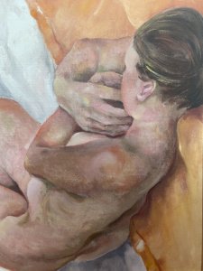 Contemporary nude study in oil on board by Claude Michael Jenkins, presented in a pine frame. The composition depicts a reclining brunette model with her hair tied back and her hands crossed against her face. Carefully rendered hands and a slightly contorted pose are complemented by peach and varied flesh tones, with a white blanket providing contrast. According to the supplied exhibition history, the painting appeared in the artist’s Naked Form exhibition, held from May to July 2010 in the Howgill Gallery at Farfield Mill Arts and Heritage Centre. Born in London, Jenkins was educated in England, Scotland and Germany, taught in Oxford, Canada and Scotland, and lived and worked in the Lake District from 1972. He retired in 1996 and died in 2011. Dimensions: 22.5 inches high × 18.25 inches wide.