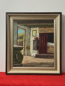 Impressionist cottage interior oil painting on canvas by artist G Lund, circa 1930s. The scene features a wooden beamed ceiling, a grand bed with a red velvet curtain, a red cast iron kettle and a bedpan hanging on the wall. An open doorway on the left reveals bright garden foliage. Signed in the bottom right corner and presented in a hessian-covered silver gilt frame. Dimensions: 18 inches high × 15.5 inches wide.