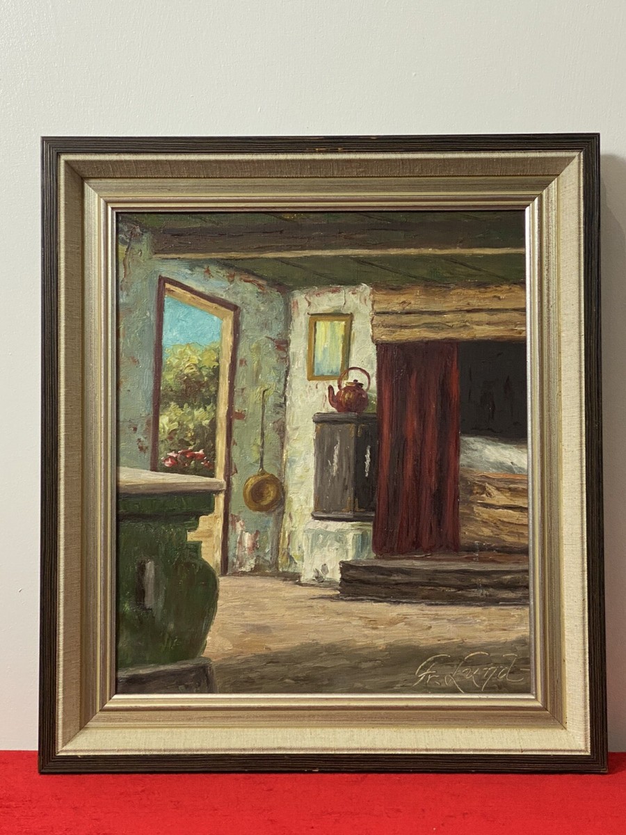 Idyllic Cottage Interior Scene Oil Painting By Artist G Lund