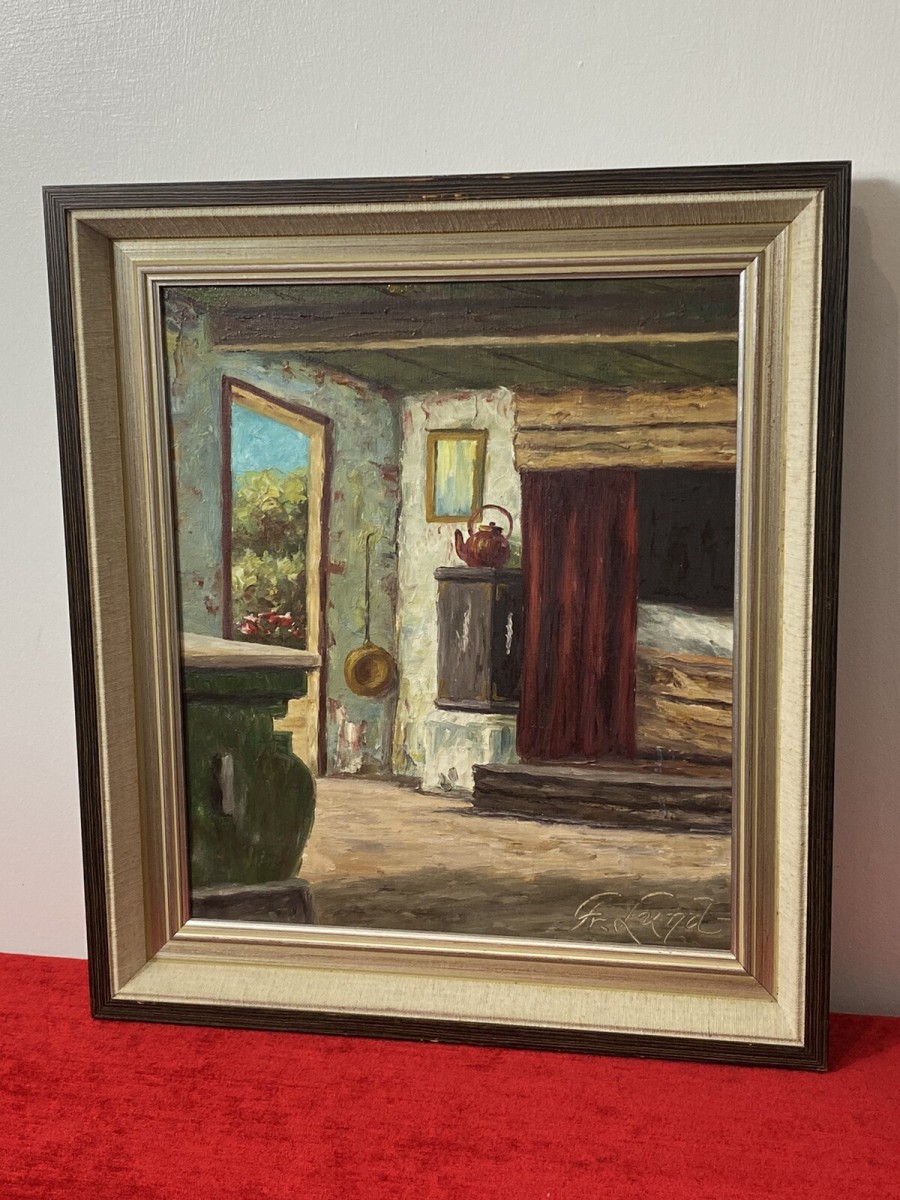 Idyllic Cottage Interior Scene Oil Painting By Artist G Lund