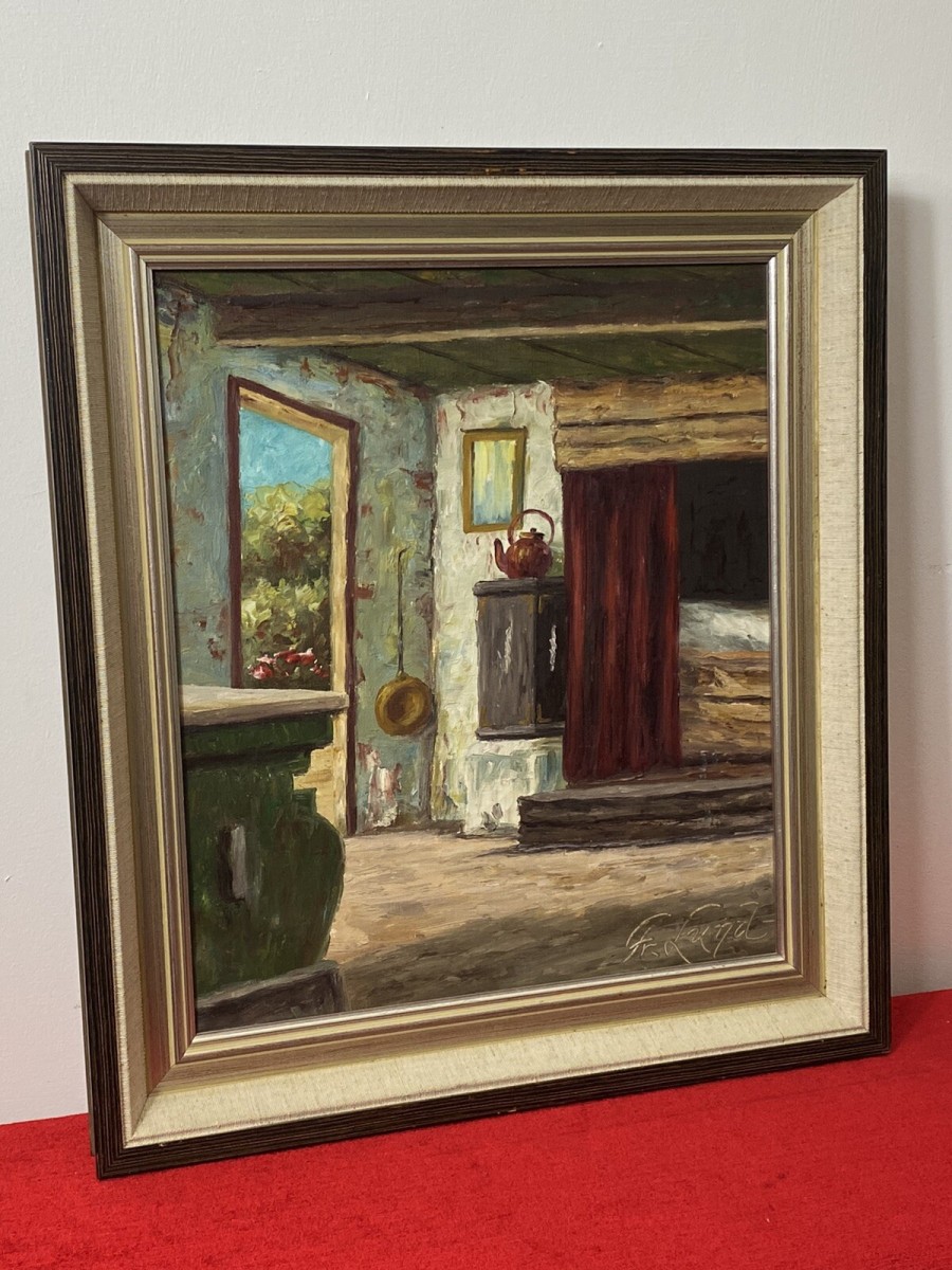 Idyllic Cottage Interior Scene Oil Painting By Artist G Lund