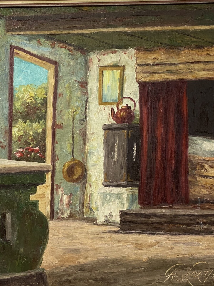 Idyllic Cottage Interior Scene Oil Painting By Artist G Lund
