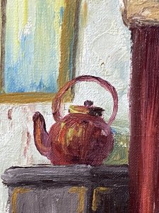 Impressionist cottage interior oil painting on canvas by artist G Lund, circa 1930s. The scene features a wooden beamed ceiling, a grand bed with a red velvet curtain, a red cast iron kettle and a bedpan hanging on the wall. An open doorway on the left reveals bright garden foliage. Signed in the bottom right corner and presented in a hessian-covered silver gilt frame. Dimensions: 18 inches high × 15.5 inches wide.