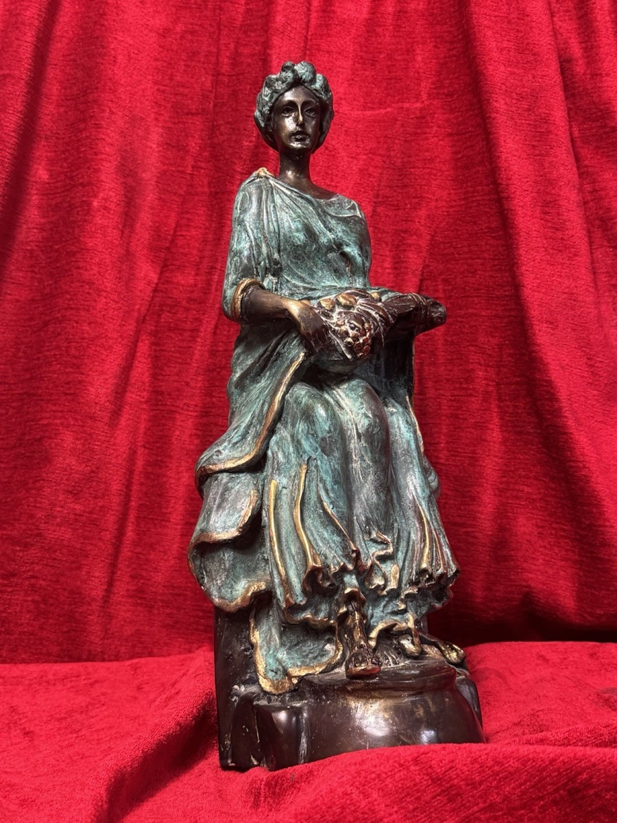 Italian Bronze Figural Sculpture Of Fruit Bearing Goddess