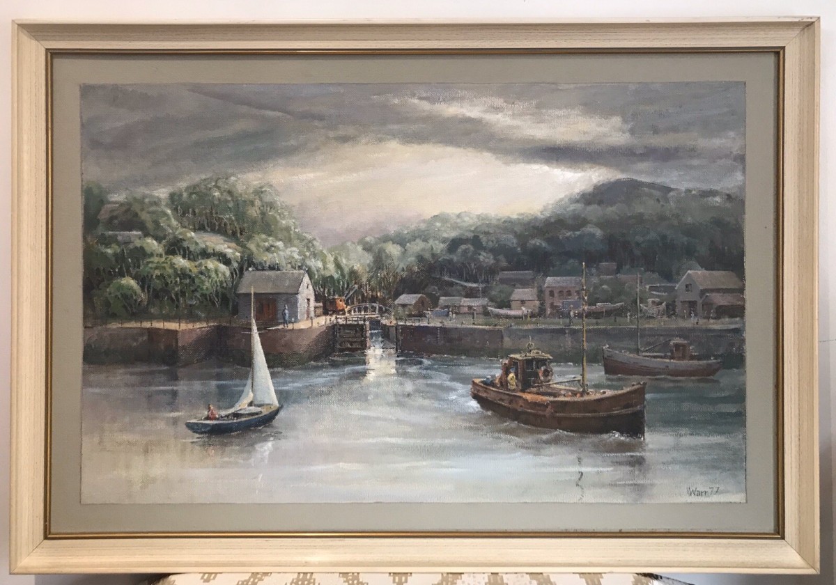 Primary image for Harbour Scene With Fishing Boats Original Oil Painting On Board Signed By Artist