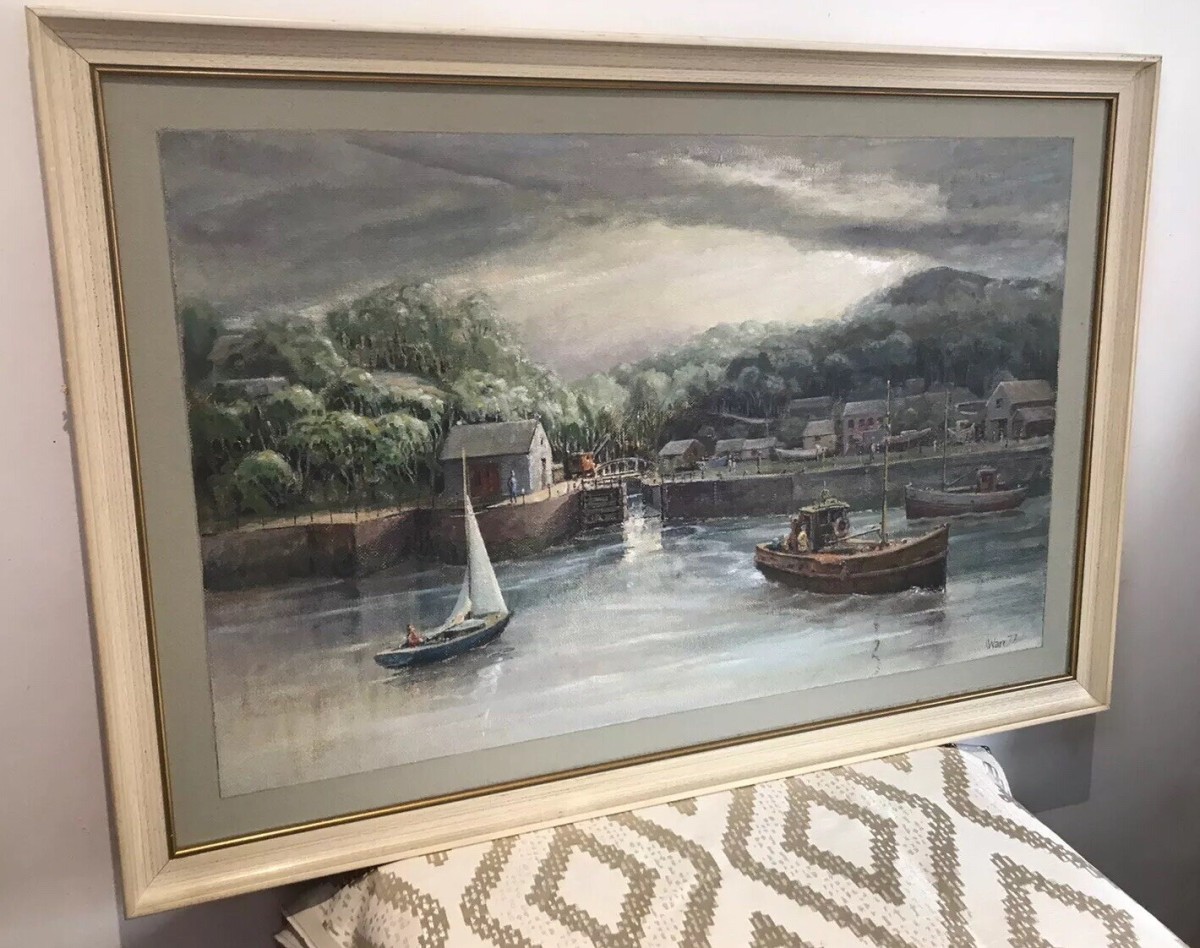 Harbour Scene With Fishing Boats Original Oil Painting On Board Signed By Artist