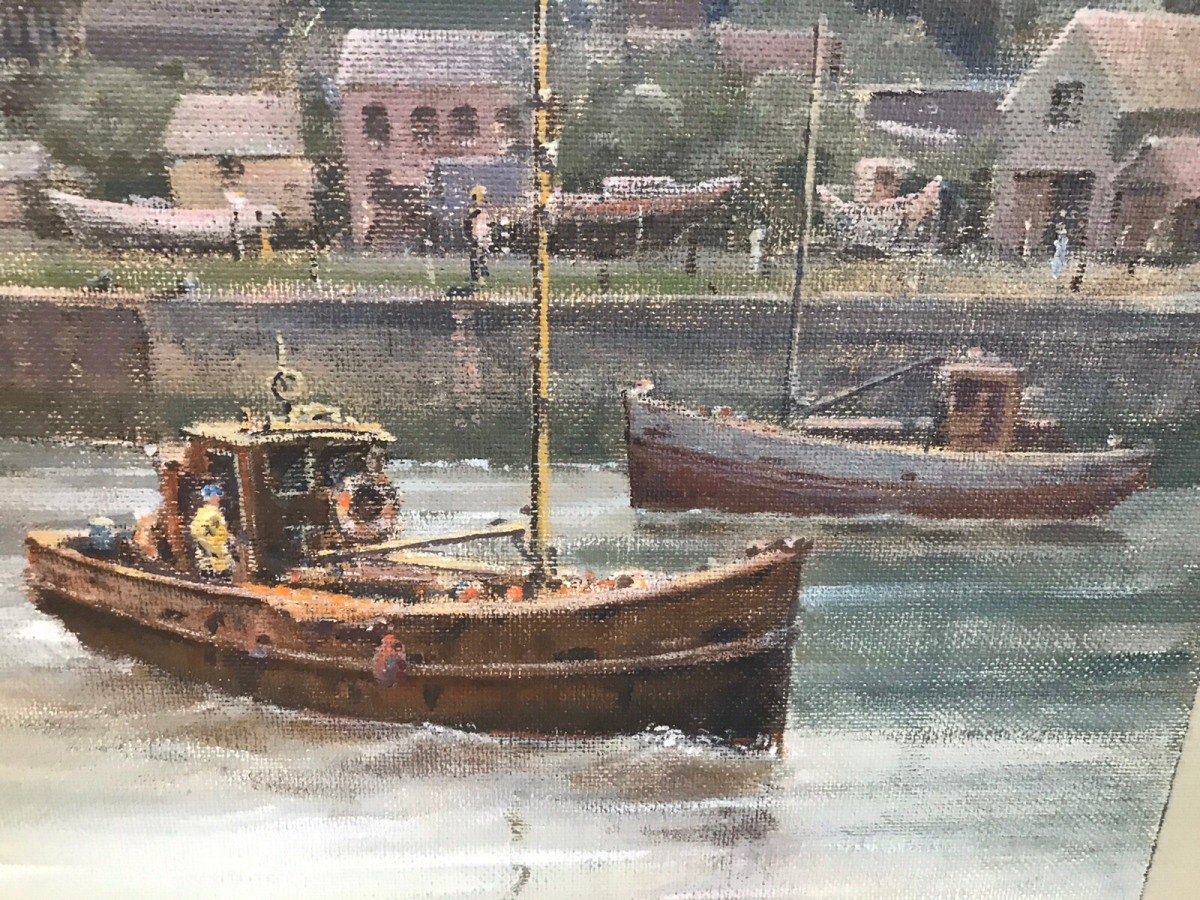 Harbour Scene With Fishing Boats Original Oil Painting On Board Signed By Artist