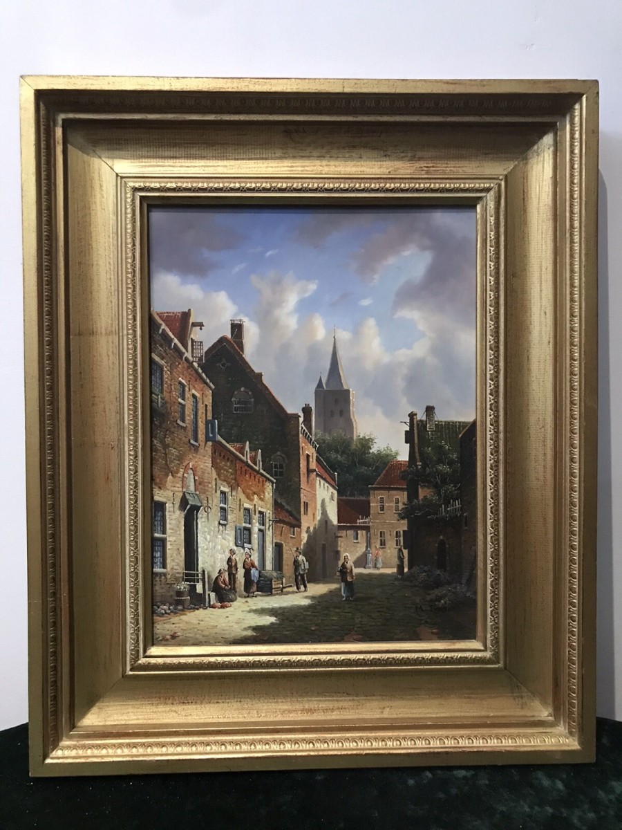 Primary image for Original Dutch Street Scene Oil Painting In Gilt Frame Signed By Artist M Ives