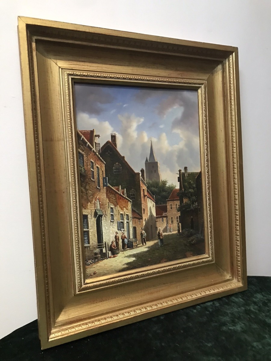 Original Dutch Street Scene Oil Painting In Gilt Frame Signed By Artist M Ives