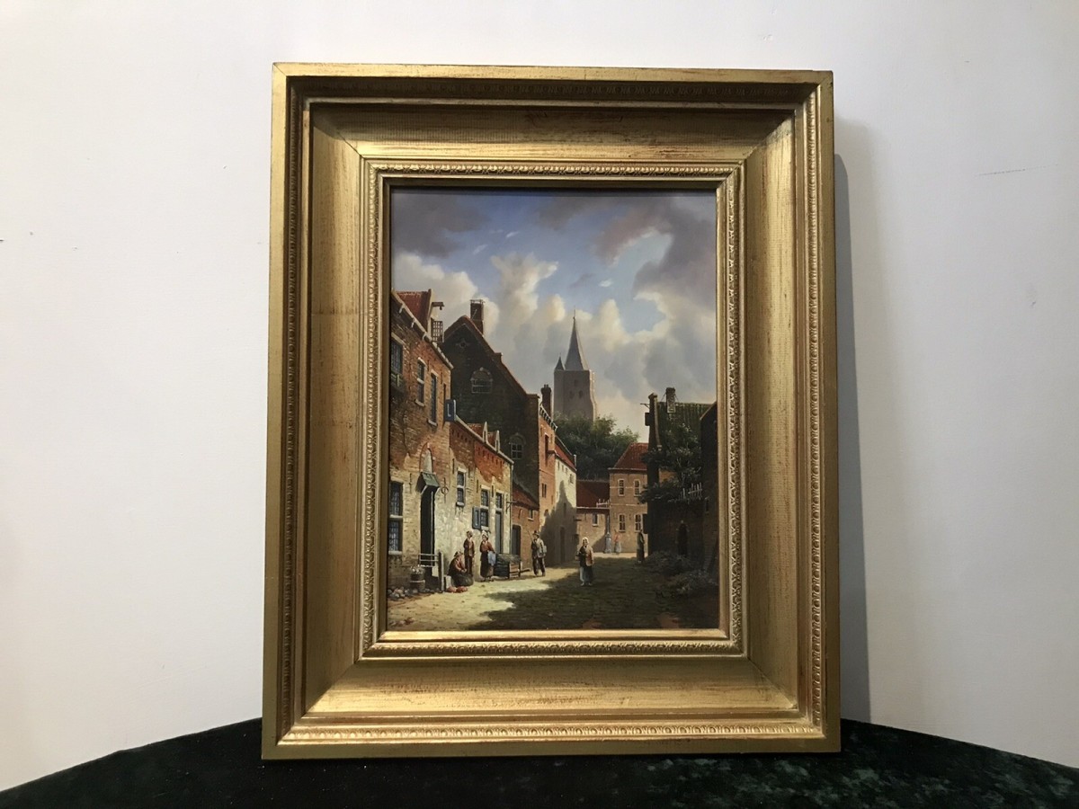 Original Dutch Street Scene Oil Painting In Gilt Frame Signed By Artist M Ives