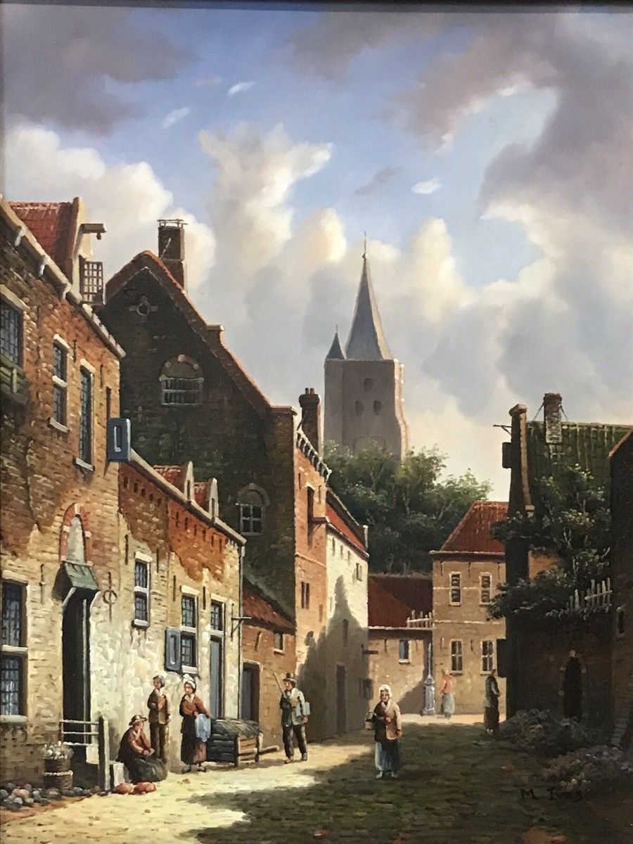 Original Dutch Street Scene Oil Painting In Gilt Frame Signed By Artist M Ives