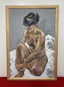 Sitting Female Nude Contemplation Study In Oil By Artist Michael Jenkins Medium - Oil on Board Age - 20th Century Contemporary Artwork Nude Female Muse Sitting On A White Blanket With Arms Resting Around Her Bent Knee. Grey Tonal Background. The Female Painted In Mesmerising Array Of Nude Hues With Complementary Blues Instead Of Black Outlines. Beautifully Defined Facial Features And Textured Hair. Signed By Artist (Right Bottom Corner) And Set In Bleached Ash Wood Frame. This Nude Portrait By Charismatic Artist Claude Micheal Gay Jenkins Sadly Deceased 2011 Was Exhibited As Part Of His Naked Form Exhibition May-July 2010 At The Farfield Mill Arts And Heritage Centre In The Howgill Gallery,Sedberg, Yorkshire. Brief Artist History Claude Michael Gay Jenkins was born in London and educated in England, Scotland and Germany. He was always interested in art from an early age and at school was given freedom and encouragement to explore his grand passion whenever possible. Aged 15, he spent three weeks alone in Florence where he apparently “discovered” Renaissance art and on his first visit to the Uffizi, he says the vision of Botticelli’s Birth of Venus was an epiphany. He has taught in schools in Oxford, Canada, Scotland and lived and worked in the Lake District since 1972, retiring in 1996. Dimensions In Inches Height 27” Width 18.5”