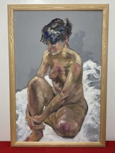 Sitting Female Nude Contemplation Study In Oil By Artist Michael Jenkins Medium - Oil on Board Age - 20th Century Contemporary Artwork Nude Female Muse Sitting On A White Blanket With Arms Resting Around Her Bent Knee. Grey Tonal Background. The Female Painted In Mesmerising Array Of Nude Hues With Complementary Blues Instead Of Black Outlines. Beautifully Defined Facial Features And Textured Hair. Signed By Artist (Right Bottom Corner) And Set In Bleached Ash Wood Frame. This Nude Portrait By Charismatic Artist Claude Micheal Gay Jenkins Sadly Deceased 2011 Was Exhibited As Part Of His Naked Form Exhibition May-July 2010 At The Farfield Mill Arts And Heritage Centre In The Howgill Gallery,Sedberg, Yorkshire. Brief Artist History Claude Michael Gay Jenkins was born in London and educated in England, Scotland and Germany. He was always interested in art from an early age and at school was given freedom and encouragement to explore his grand passion whenever possible. Aged 15, he spent three weeks alone in Florence where he apparently “discovered” Renaissance art and on his first visit to the Uffizi, he says the vision of Botticelli’s Birth of Venus was an epiphany. He has taught in schools in Oxford, Canada, Scotland and lived and worked in the Lake District since 1972, retiring in 1996. Dimensions In Inches Height 27” Width 18.5”