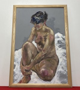Sitting Female Nude Contemplation Study In Oil By Artist Michael Jenkins Medium - Oil on Board Age - 20th Century Contemporary Artwork Nude Female Muse Sitting On A White Blanket With Arms Resting Around Her Bent Knee. Grey Tonal Background. The Female Painted In Mesmerising Array Of Nude Hues With Complementary Blues Instead Of Black Outlines. Beautifully Defined Facial Features And Textured Hair. Signed By Artist (Right Bottom Corner) And Set In Bleached Ash Wood Frame. This Nude Portrait By Charismatic Artist Claude Micheal Gay Jenkins Sadly Deceased 2011 Was Exhibited As Part Of His Naked Form Exhibition May-July 2010 At The Farfield Mill Arts And Heritage Centre In The Howgill Gallery,Sedberg, Yorkshire. Brief Artist History Claude Michael Gay Jenkins was born in London and educated in England, Scotland and Germany. He was always interested in art from an early age and at school was given freedom and encouragement to explore his grand passion whenever possible. Aged 15, he spent three weeks alone in Florence where he apparently “discovered” Renaissance art and on his first visit to the Uffizi, he says the vision of Botticelli’s Birth of Venus was an epiphany. He has taught in schools in Oxford, Canada, Scotland and lived and worked in the Lake District since 1972, retiring in 1996. Dimensions In Inches Height 27” Width 18.5”