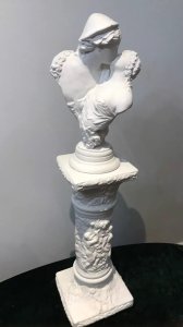 Fine Italian Sculpture Bust ‘Loves First Kiss’ On Ornate Plinth Signed By Artist On The Back Of Bust Classical Man And Woman Kissing Sculpture Bust In Fine Detail Sits Upon A On Very Ornate Round Pillar With Classical Poses, Putti And Nymphs Square Top And Base. Exceptional Detail Very Decorative Sculptural Piece Believed To Be A Plaster Model Before The End Product Would Be Cast In Bronze Composition- Plaster Of Paris Origin - Italy Dimensions In Inches Bust Height 16” Bust Width 11” Plinth Height 22” Plinth Width 10”