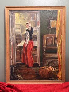 British Fine Art Maiden In Victorian Interior Oil Painting Signed J E Smith Circa - Dated 1984 Composition - Oil On Artists Board Listing Description Stunning Autumnal Victorian Interior Scene With Double Room View. Accomplished Artist Has Carefully Documented The Fine Victorian Furniture, Showcasing A Monks Bench Resting Upon The Deep Green Hallway Wall With Carved Wall Mirror Hanging Above. The Mirror Cleverly Reflects The Vibrant Orange Drapes On The Parallel Wall, Whilst You Eyes Are Drawn To A Large Pumpkin Stealing The Show. The House Maid Dressed In Clothing Of The Period Stands, Head Turned Gazing At The Viewer In The Kitchen Doorway. A Farmhouse Table Sits Proudly At The Centre Of The Room With Distant Array Of Copper Pans Hanging On The Wall. Beautiful Piece In Rich Colour Pallet, Set In Wood Frame & Signed By Artist J E SMITH Dated 11.84. Dimensions In Inches Height 31.5" X Width 24 1/4" For Any Further Information Please Call 07707 488 566 Thank-you