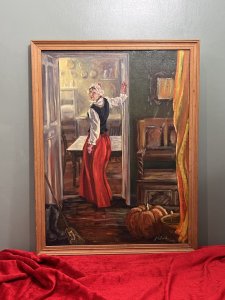 British Fine Art Maiden In Victorian Interior Oil Painting Signed J E Smith Circa - Dated 1984 Composition - Oil On Artists Board Listing Description Stunning Autumnal Victorian Interior Scene With Double Room View. Accomplished Artist Has Carefully Documented The Fine Victorian Furniture, Showcasing A Monks Bench Resting Upon The Deep Green Hallway Wall With Carved Wall Mirror Hanging Above. The Mirror Cleverly Reflects The Vibrant Orange Drapes On The Parallel Wall, Whilst You Eyes Are Drawn To A Large Pumpkin Stealing The Show. The House Maid Dressed In Clothing Of The Period Stands, Head Turned Gazing At The Viewer In The Kitchen Doorway. A Farmhouse Table Sits Proudly At The Centre Of The Room With Distant Array Of Copper Pans Hanging On The Wall. Beautiful Piece In Rich Colour Pallet, Set In Wood Frame & Signed By Artist J E SMITH Dated 11.84. Dimensions In Inches Height 31.5" X Width 24 1/4" For Any Further Information Please Call 07707 488 566 Thank-you