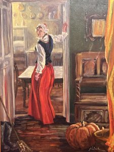 British Fine Art Maiden In Victorian Interior Oil Painting Signed J E Smith Circa - Dated 1984 Composition - Oil On Artists Board Listing Description Stunning Autumnal Victorian Interior Scene With Double Room View. Accomplished Artist Has Carefully Documented The Fine Victorian Furniture, Showcasing A Monks Bench Resting Upon The Deep Green Hallway Wall With Carved Wall Mirror Hanging Above. The Mirror Cleverly Reflects The Vibrant Orange Drapes On The Parallel Wall, Whilst You Eyes Are Drawn To A Large Pumpkin Stealing The Show. The House Maid Dressed In Clothing Of The Period Stands, Head Turned Gazing At The Viewer In The Kitchen Doorway. A Farmhouse Table Sits Proudly At The Centre Of The Room With Distant Array Of Copper Pans Hanging On The Wall. Beautiful Piece In Rich Colour Pallet, Set In Wood Frame & Signed By Artist J E SMITH Dated 11.84. Dimensions In Inches Height 31.5" X Width 24 1/4" For Any Further Information Please Call 07707 488 566 Thank-you