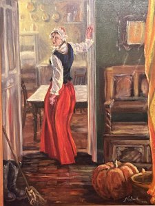 British Fine Art Maiden In Victorian Interior Oil Painting Signed J E Smith Circa - Dated 1984 Composition - Oil On Artists Board Listing Description Stunning Autumnal Victorian Interior Scene With Double Room View. Accomplished Artist Has Carefully Documented The Fine Victorian Furniture, Showcasing A Monks Bench Resting Upon The Deep Green Hallway Wall With Carved Wall Mirror Hanging Above. The Mirror Cleverly Reflects The Vibrant Orange Drapes On The Parallel Wall, Whilst You Eyes Are Drawn To A Large Pumpkin Stealing The Show. The House Maid Dressed In Clothing Of The Period Stands, Head Turned Gazing At The Viewer In The Kitchen Doorway. A Farmhouse Table Sits Proudly At The Centre Of The Room With Distant Array Of Copper Pans Hanging On The Wall. Beautiful Piece In Rich Colour Pallet, Set In Wood Frame & Signed By Artist J E SMITH Dated 11.84. Dimensions In Inches Height 31.5" X Width 24 1/4" For Any Further Information Please Call 07707 488 566 Thank-you
