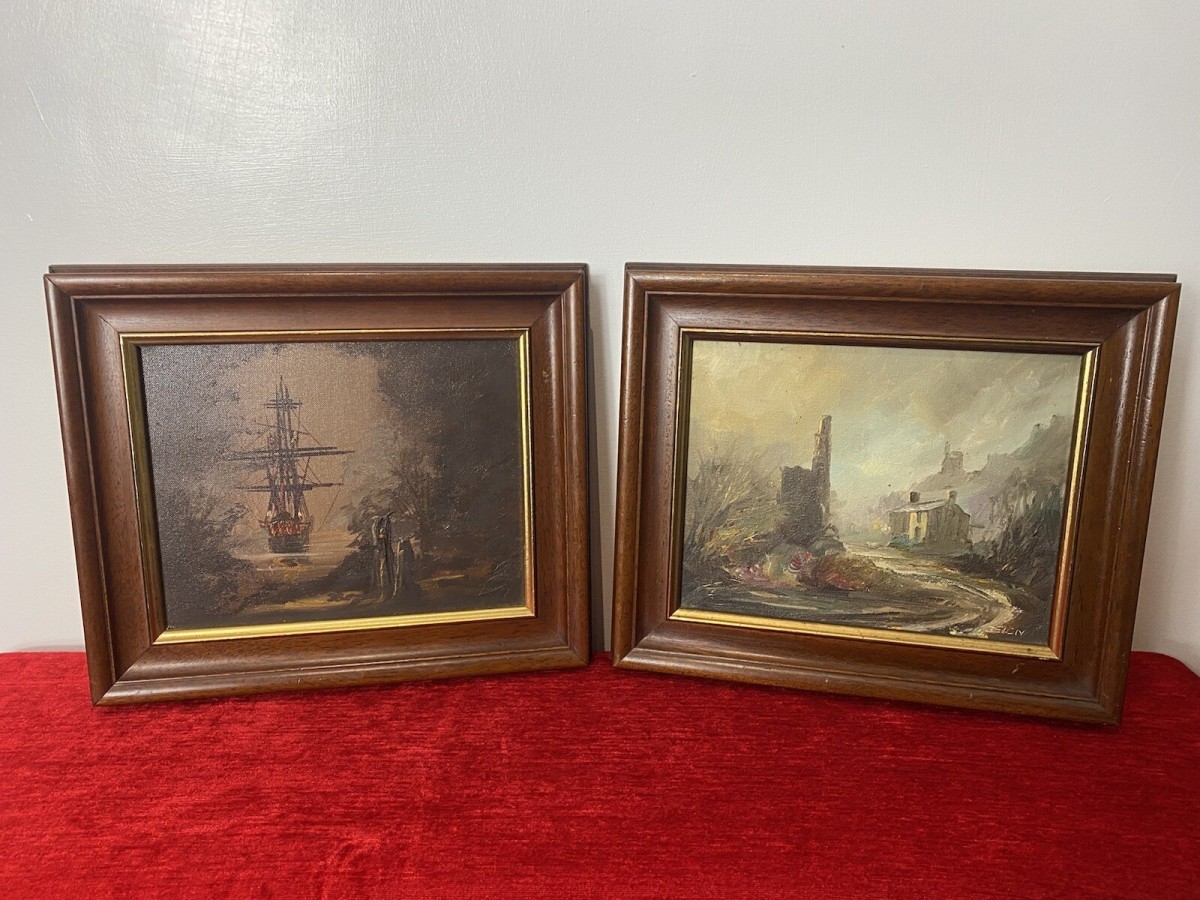 Primary image for Pair Of Cornish Artist Don Hughes Original Gallon & Town Landscape Oil Paintings