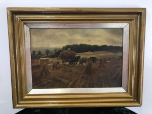 Original Victorian Oil Painting ‘Harvest Time’ By Artist Alice Wilkie Original Oil On Canvas Painting In Gilt Wood Frame Dated 1913 A Northern Artist Specialist In Farming Country Landscapes Well Known In Liverpool For Her Delightful Country Scenes Rich Colours, Fine Detail And Charm Collected By Land Owners And Farmers This Is A Well Known And Respected Painting Dimensions In Inches Height 18 3/4” Width 24 3/4”