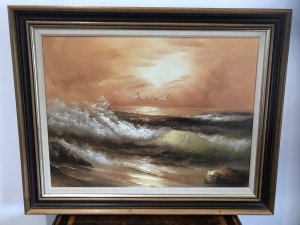 Original Oil Painting Sunset Waves Crashing Onto The Shore Signed By Artist H Gailey Three Seagulls Soaring Over The Waves In The Sunset Background Crashing Waves Fantastic Water Colouration And Wave Depiction Bright Colours Stunning Oil Painting Signed By Artist H Gailey Wood Frame Dimensions In Inches Height 23” Width 29” 07376618513