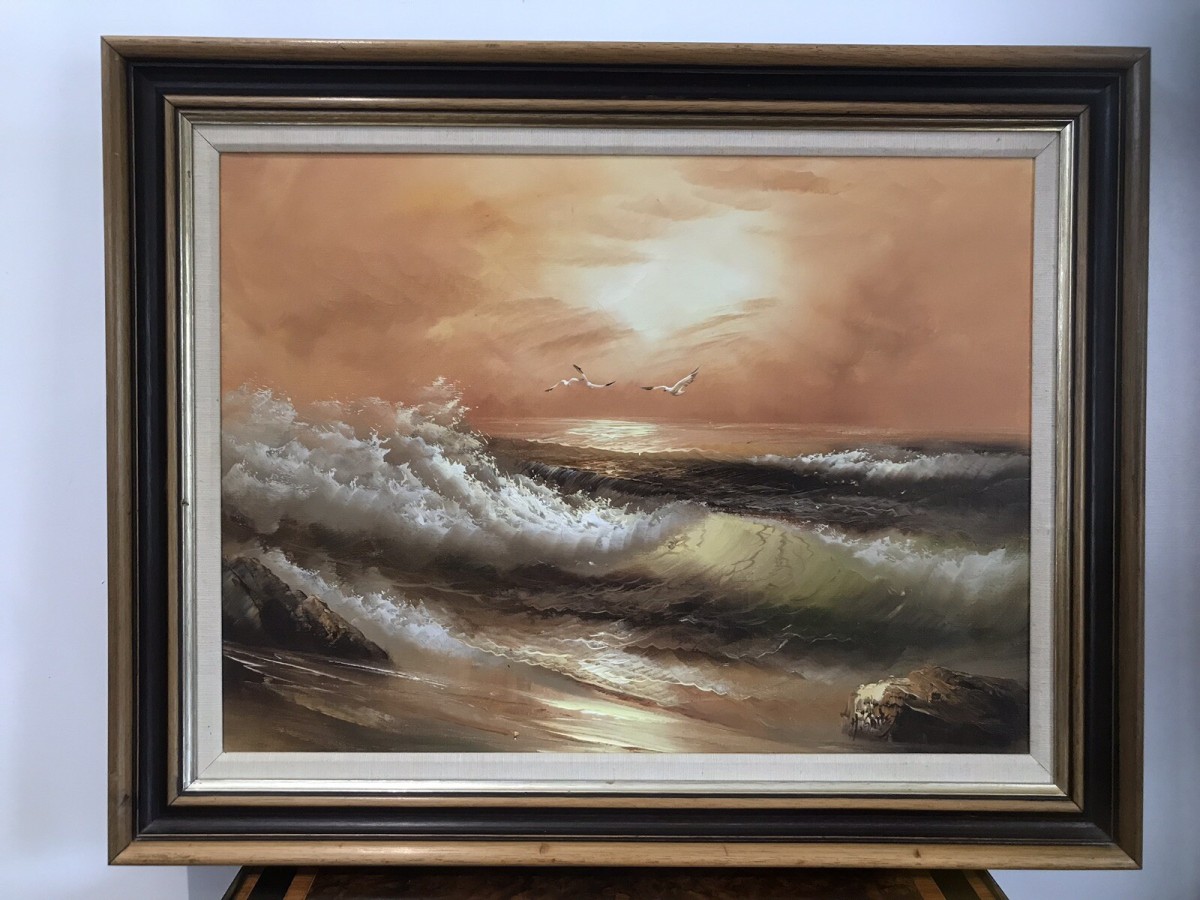 Original Oil Painting Sunset Waves Crashing Onto The Shore By Artist H Gailey
