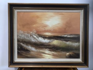 Original Oil Painting Sunset Waves Crashing Onto The Shore Signed By Artist H Gailey Three Seagulls Soaring Over The Waves In The Sunset Background Crashing Waves Fantastic Water Colouration And Wave Depiction Bright Colours Stunning Oil Painting Signed By Artist H Gailey Wood Frame Dimensions In Inches Height 23” Width 29” 07376618513