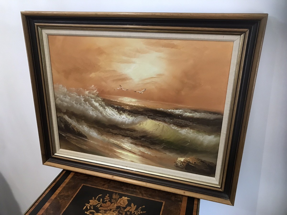 Original Oil Painting Sunset Waves Crashing Onto The Shore By Artist H Gailey