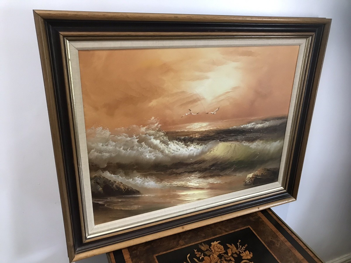 Original Oil Painting Sunset Waves Crashing Onto The Shore By Artist H Gailey