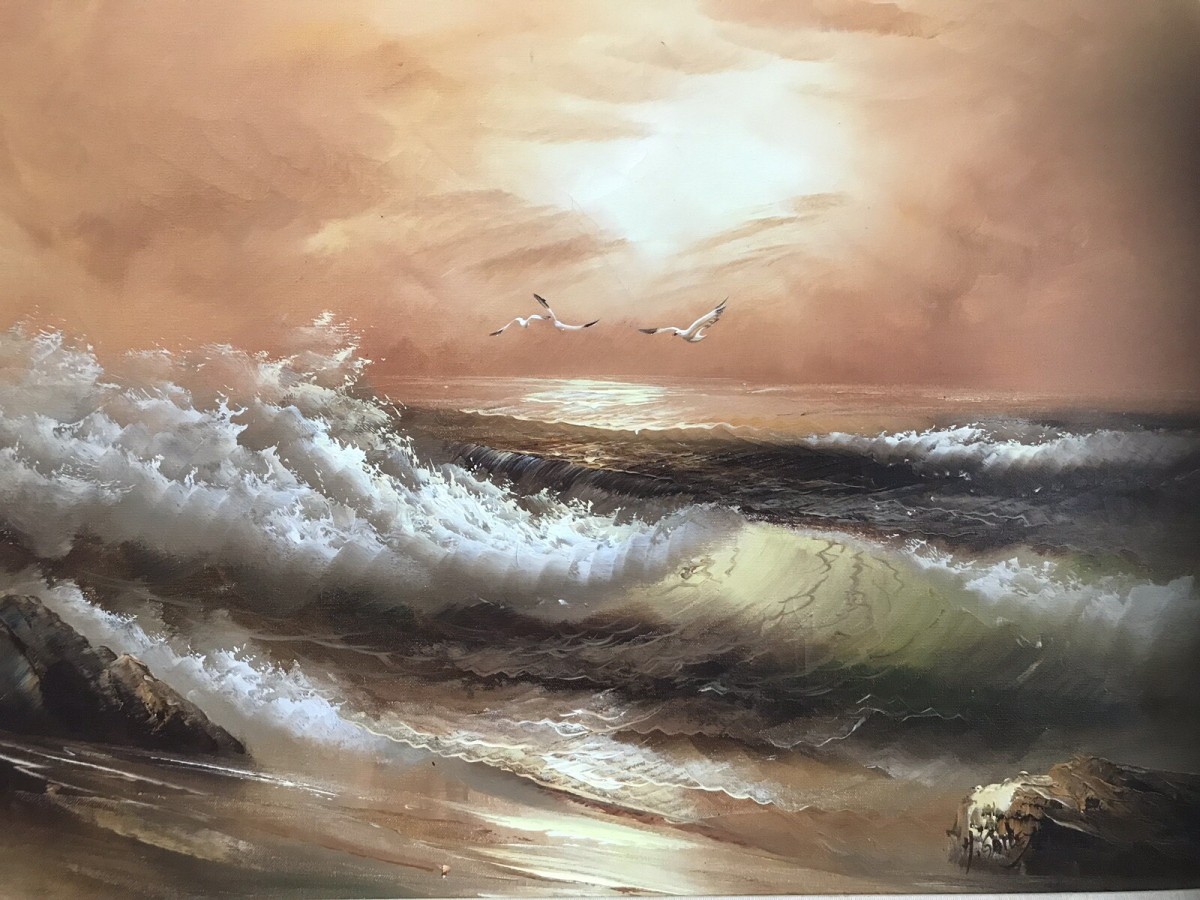Original Oil Painting Sunset Waves Crashing Onto The Shore By Artist H Gailey