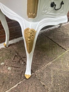 French Louis XV Rococo Style Writing Desk With Matching Chair Circa - Vintage Composition - Painted Solid Wood Bow Fronted Folate Carved Writing Desk With Shaped Table Top. Three Pull Out Drawers. Set On Cabriole Legs . Dimensions In Cms Height X Width X Depth
