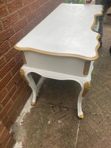 French Louis XV Rococo Style Writing Desk With Matching Chair Circa - Vintage Composition - Painted Solid Wood Bow Fronted Folate Carved Writing Desk With Shaped Table Top. Three Pull Out Drawers. Set On Cabriole Legs . Dimensions In Cms Height X Width X Depth
