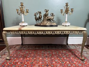 French Louis XVI Style Onyx Marble & Brass Filigree Ormolu Coffee/Centre Table Circa - 1950's Composition - Onyx Marble Top With Brass Base Listing Description French Vintage Decorative Louis XVI Style Coffee/ Centre Table. Solid Onyx Marble Top With Bevelled Edge In Jade Green Colouration / Rust Veins. Ornate Base Of Brass Ormolu In Acanthus Leaf Filigree Patter-nation Standing On Sabre Legs. Heavy Item Dimensions In CMS Height 41cm X Length 98.5cm X Depth 48cm For Any Further Information Please Call 07707 488 566 Thank-you