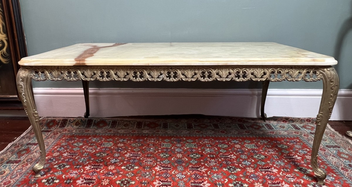 French Louis Xvi Style Onyx Marble & Brass Filigree Ormolu Coffee/centre Table