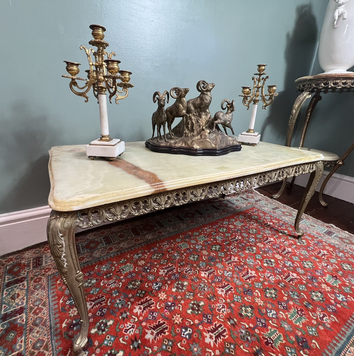 French Louis Xvi Style Onyx Marble & Brass Filigree Ormolu Coffee/centre Table