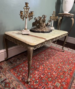 French Louis XVI Style Onyx Marble & Brass Filigree Ormolu Coffee/Centre Table Circa - 1950's Composition - Onyx Marble Top With Brass Base Listing Description French Vintage Decorative Louis XVI Style Coffee/ Centre Table. Solid Onyx Marble Top With Bevelled Edge In Jade Green Colouration / Rust Veins. Ornate Base Of Brass Ormolu In Acanthus Leaf Filigree Patter-nation Standing On Sabre Legs. Heavy Item Dimensions In CMS Height 41cm X Length 98.5cm X Depth 48cm For Any Further Information Please Call 07707 488 566 Thank-you