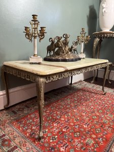 French Louis XVI Style Onyx Marble & Brass Filigree Ormolu Coffee/Centre Table Circa - 1950's Composition - Onyx Marble Top With Brass Base Listing Description French Vintage Decorative Louis XVI Style Coffee/ Centre Table. Solid Onyx Marble Top With Bevelled Edge In Jade Green Colouration / Rust Veins. Ornate Base Of Brass Ormolu In Acanthus Leaf Filigree Patter-nation Standing On Sabre Legs. Heavy Item Dimensions In CMS Height 41cm X Length 98.5cm X Depth 48cm For Any Further Information Please Call 07707 488 566 Thank-you